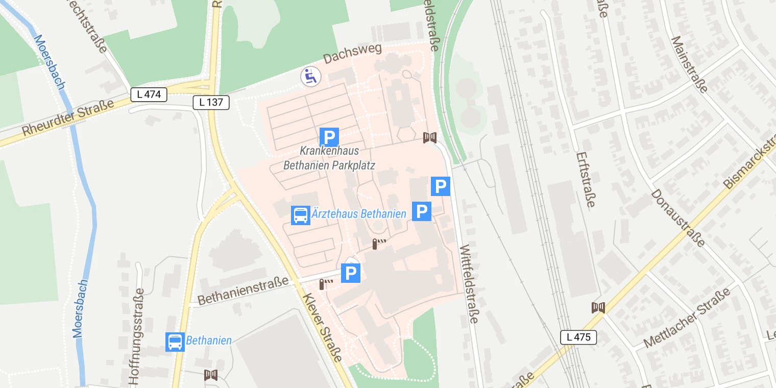 Kartenansicht Krankenhaus Bethanien für die Grafschaft Moers