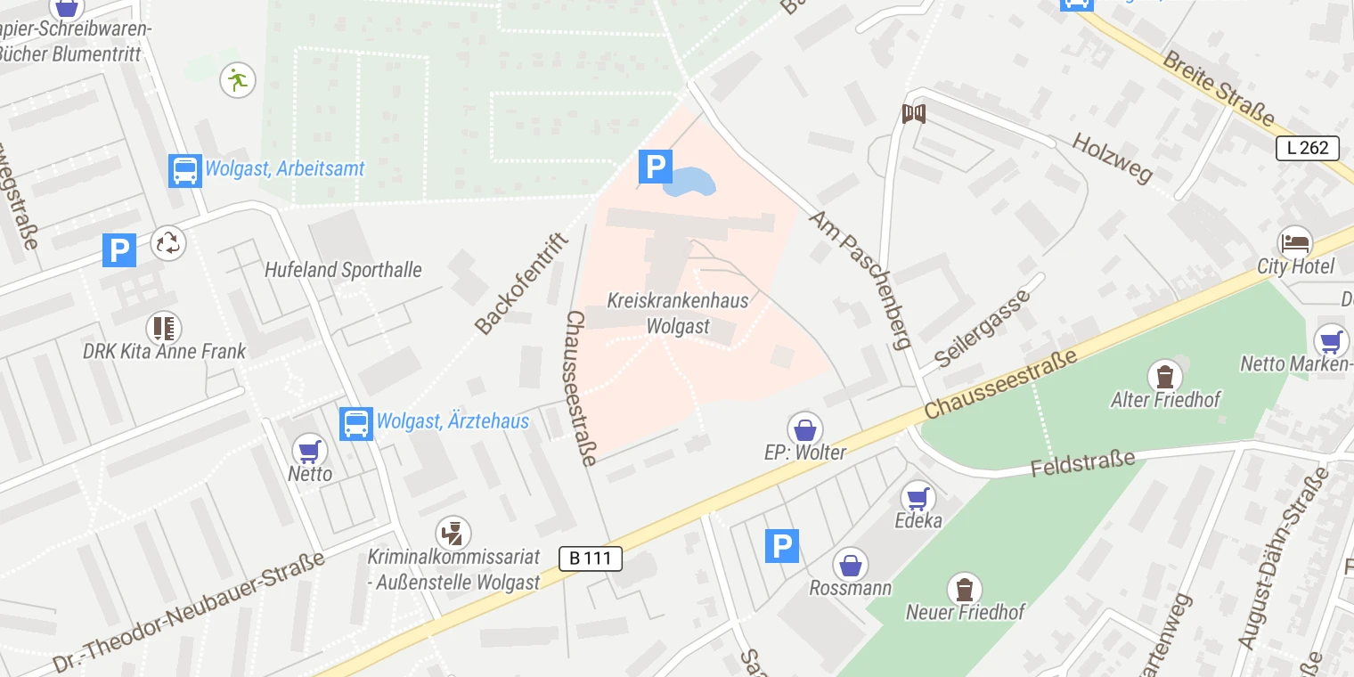 Kartenansicht Kreiskrankenhaus Wolgast
