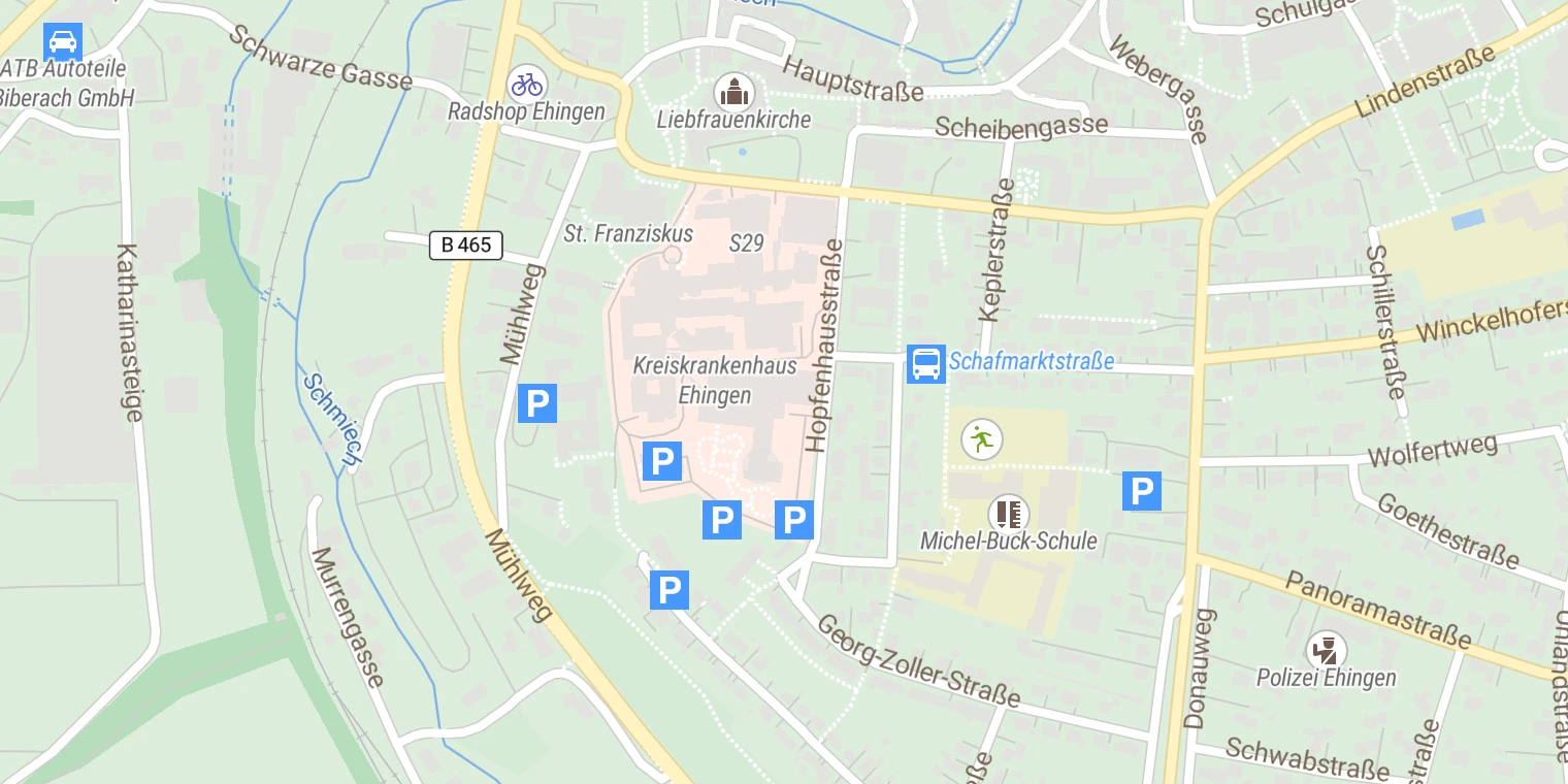 Kartenansicht Universitätsklinikum Ulm - Strahlentherapie am Krankenhaus Ehingen